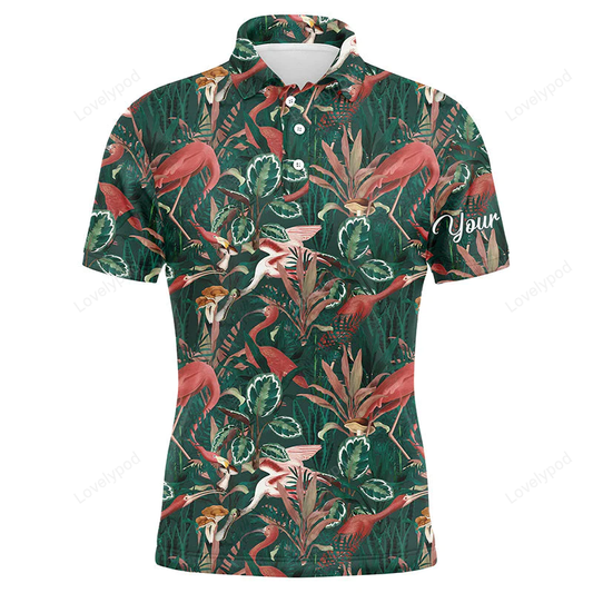 Golf men polo shirt - custom name flamingo green tropical jungle pattern apparel - personalized gift for golf lover GY1232