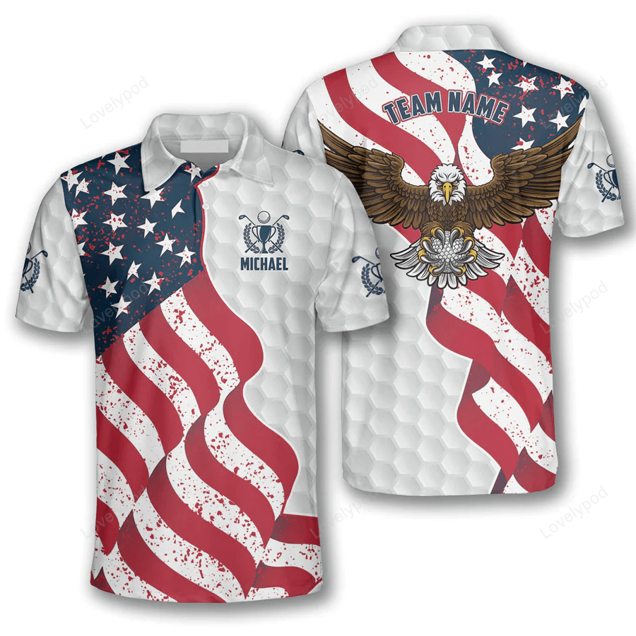 Patriotic eagle waving flag trophy emblem custom golf polo shirts for men, men's golf shirts, gift for golf player GY1223