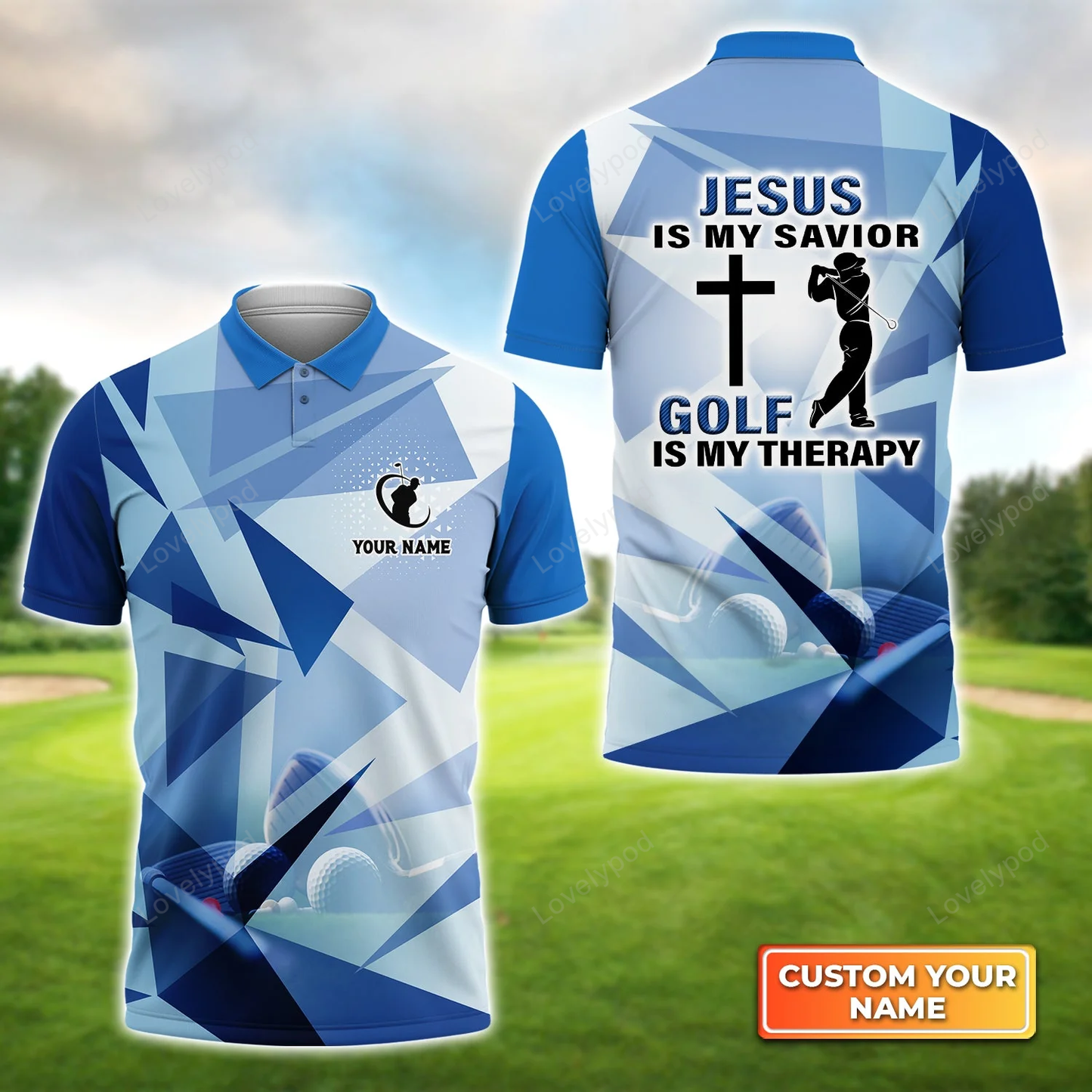 Blue pattern jesus is my savior golf is my therapy - personalized name 3d polo shirt gift for golfers GY1220