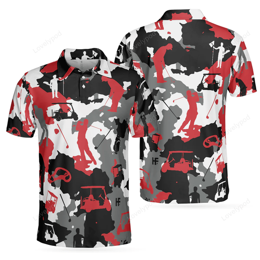 Red and white camouflage golf short sleeve polo shirt, golfer silhouette polo shirt, camo golf shirt for men GY1251