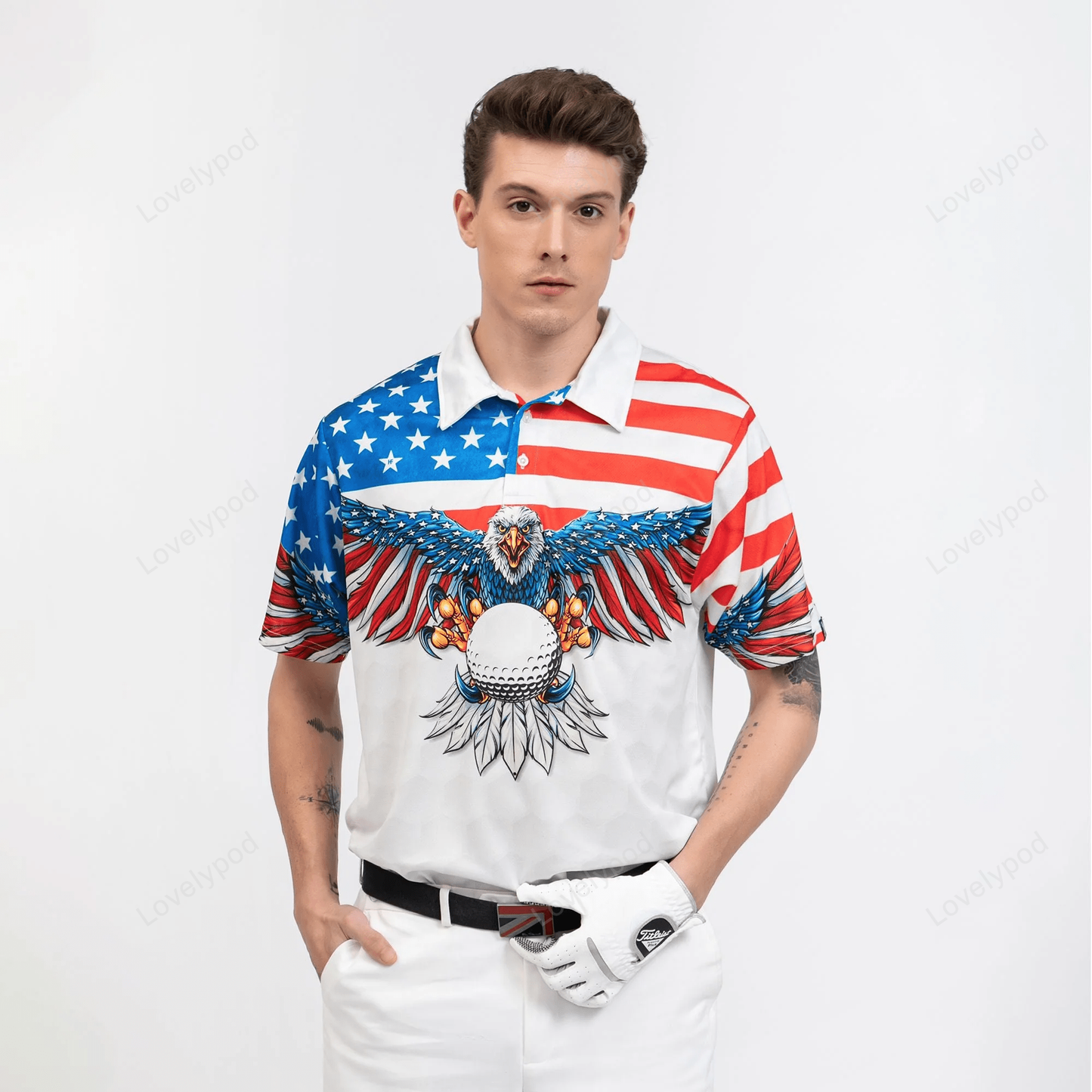 Golf american flag eagle wings polo shirt, white golf pattern and golf ball polo shirt, patriotic golf shirt for men GY1278