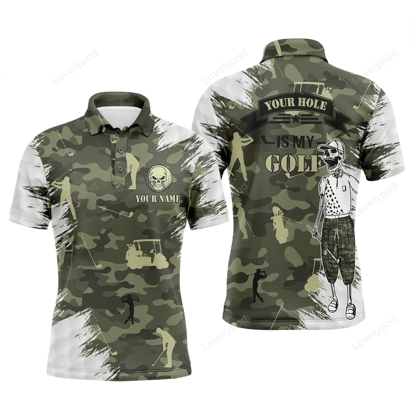 Golf men polo shirt - funny skull green camo custom name apparel GY1241