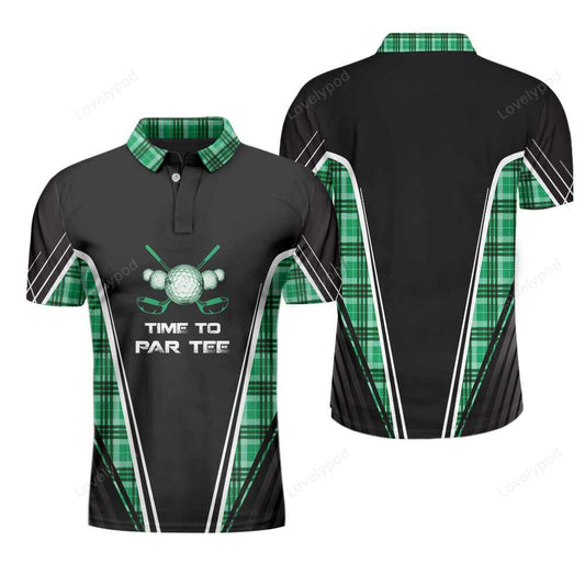 Time to par tee black and green polo shirt, green tartan plaid pattern polo shirt, best golf shirt for men GY1337