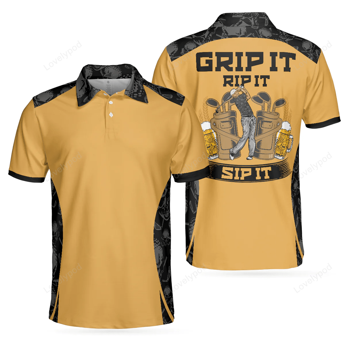 Grip it rip it sip it golf polo shirt, skull pattern shirt for halloween, scary gift idea for golfers GY1336