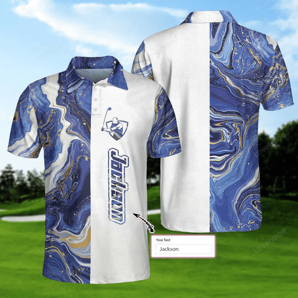 Personalized blue marble and gold golf custom polo shirt, cool golf shirt for men GY1349