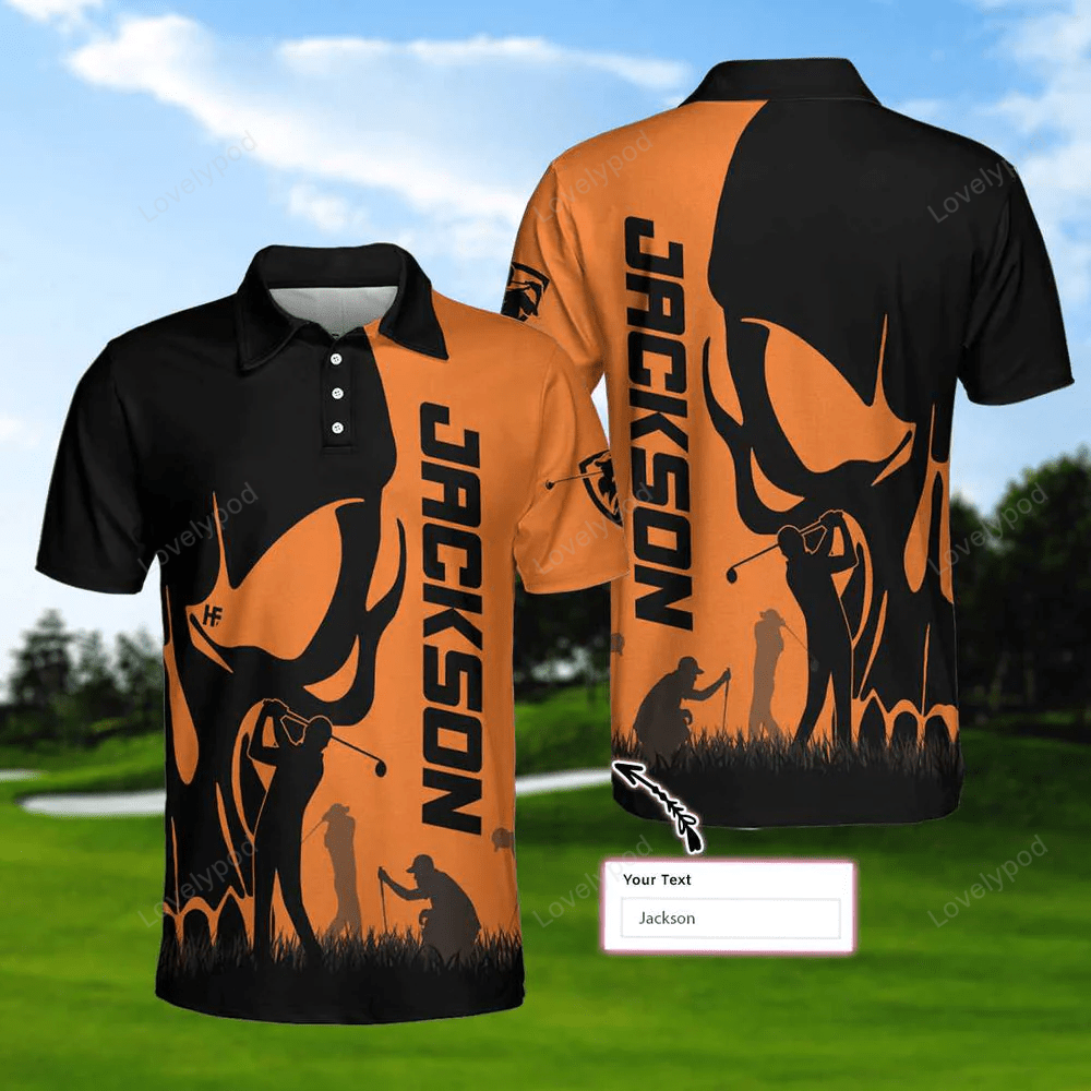 Personalized golfer skull custom polo shirt, black and orange polo shirt, best golf shirt for men GY1350