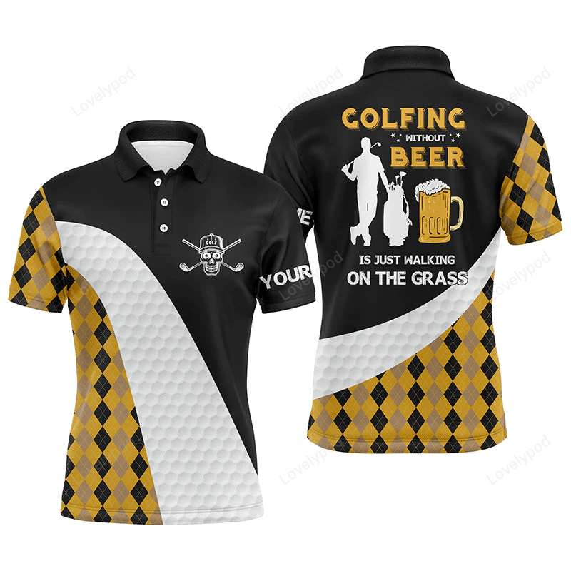 Golf men polo shirt, argyle pattern custom name apparel, personalized gift for golf lover, golfing without beer is just walking on the grass GY1347