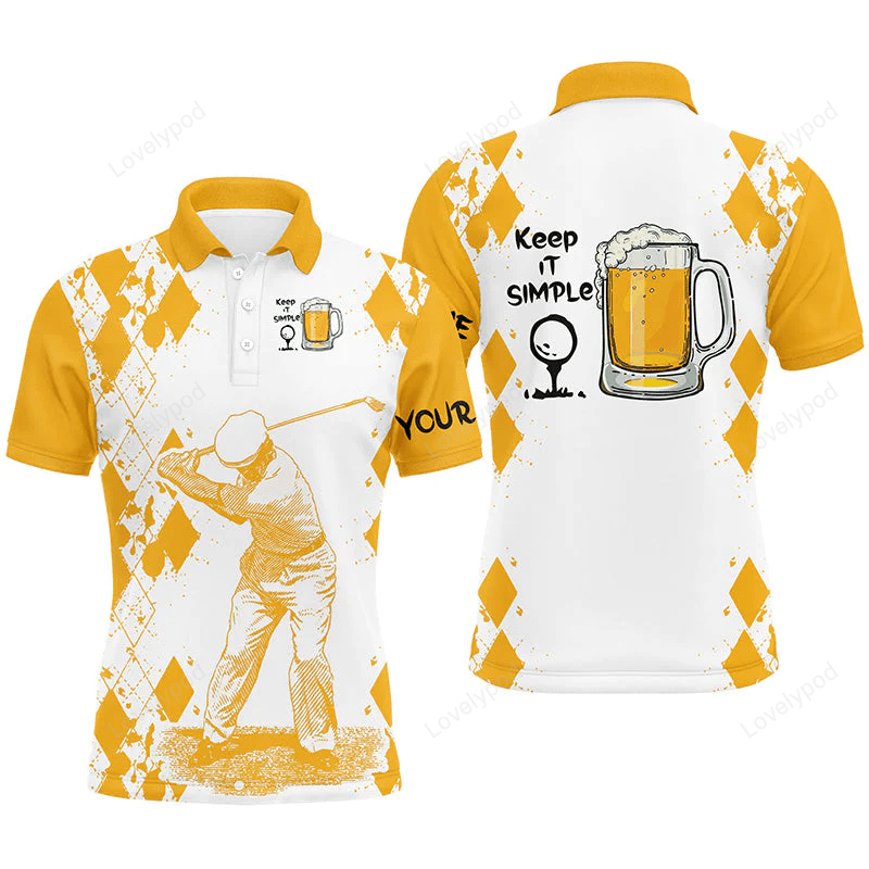 White yellow mens golf polo shirt keep it simple golf & beer custom name golf gifts for men, dad GY1367