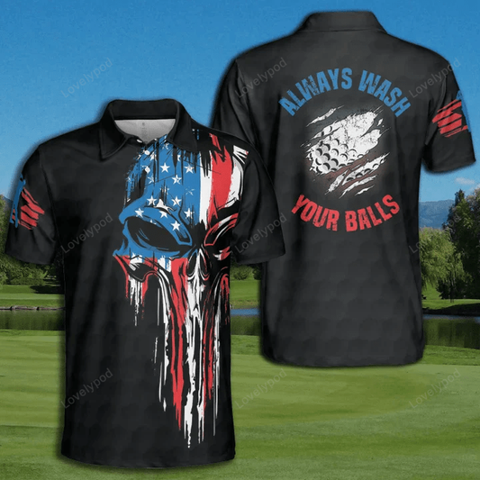 Golf always wash your balls scratch skull american flag polo shirt for men GY1454