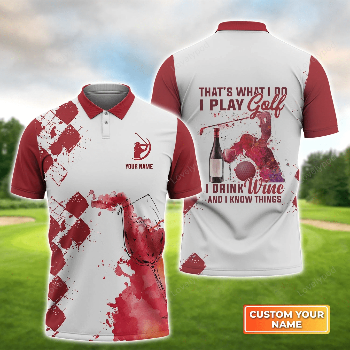 Golf polo shirt for men, play golf drink wine know things argyle burgundy watercolor, personalized gift for golf lover, team GY1417