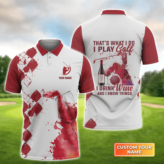 Golf polo shirt for men, play golf drink wine know things argyle burgundy watercolor, personalized gift for golf lover, team GY1417