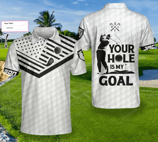 Your hole is my goal white ver custom polo shirt, personalized white american flag polo shirt, best golf shirt for men GY1420