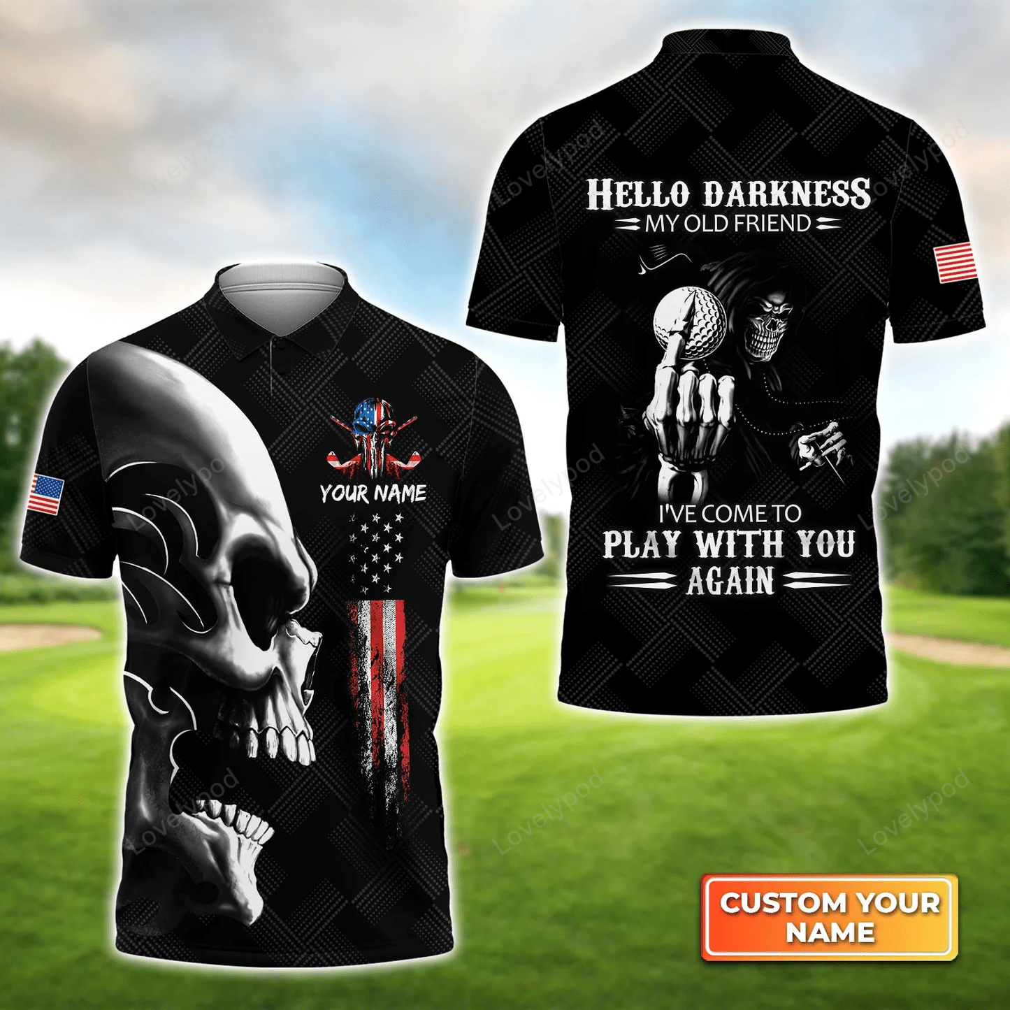 Personalized name 3d golf polo shirt for men, golf american flag hello darkness my old friend, golf club shirt GY1442