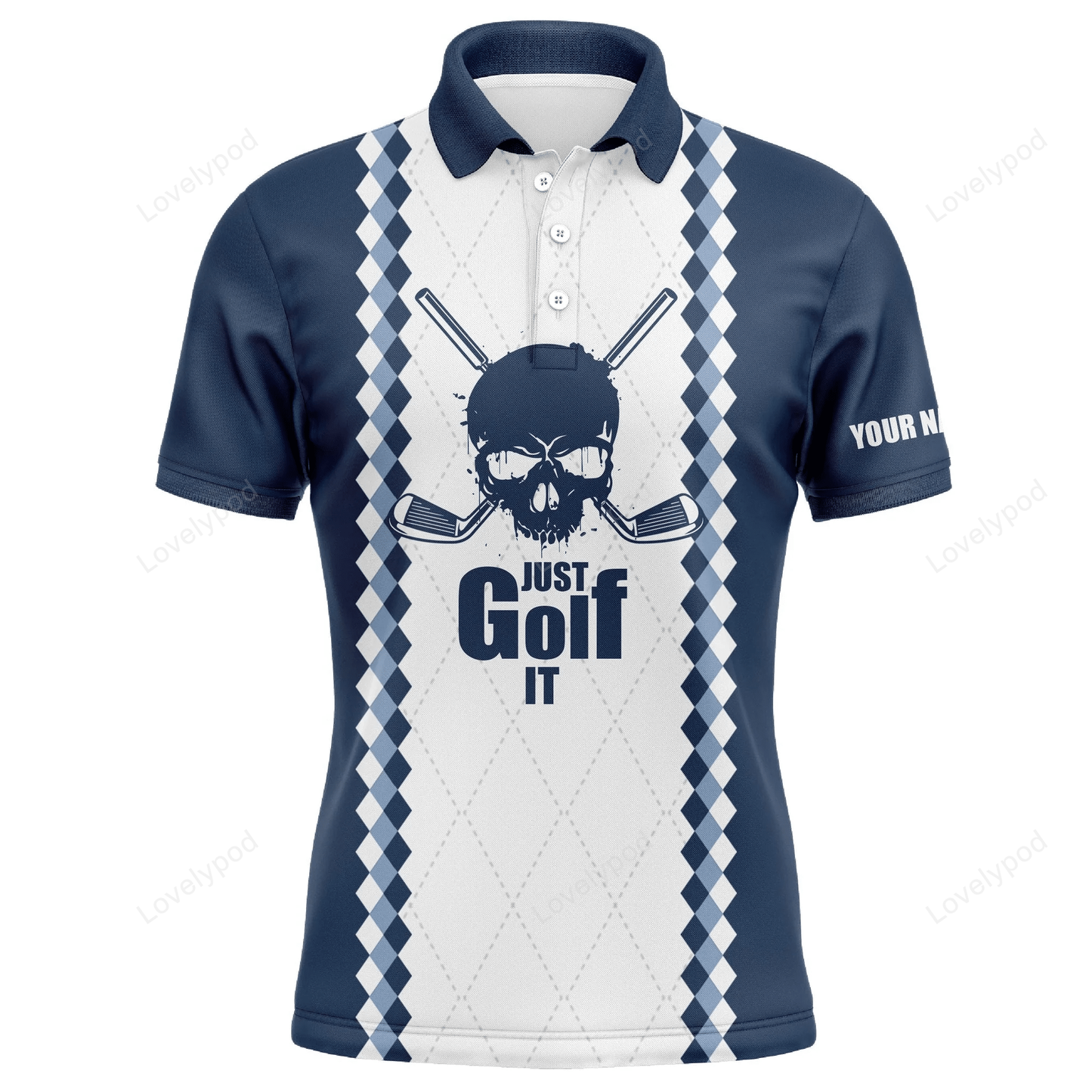 Golf men polo shirt - blue and white golf skull custom name apparel - personalized gift for golf lover, team, golfer GY1533