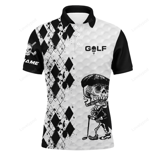 Golf custom name men polo shirt, black & white argyle pattern skull smoking apparel, personalized best gift for golf lover, team, golfer GY1560