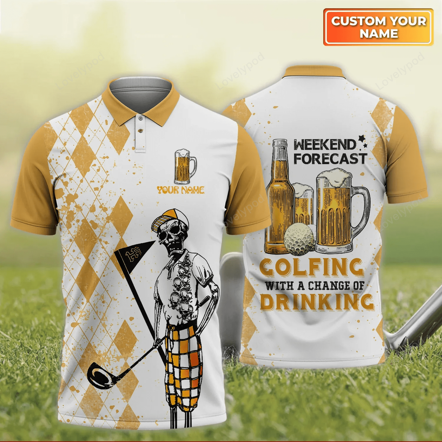 Weekend forecast golfing with a change of drinking - personalized name 3d polo shirt for golfers GY1387