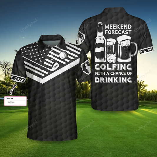 Weekend forecast drinking custom golf polo shirt, personalized black american flag golf shirt for men GY1395