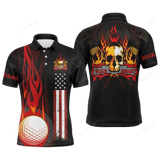 Golf men polo shirt - flame skull golf ball american flag custom name apparel - personalized gift for golf lover GY1422