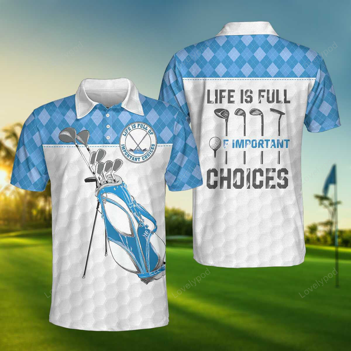 White golf texture blue argyle pattern men polo shirt, life is full of important choices golf polo shirt GY1446