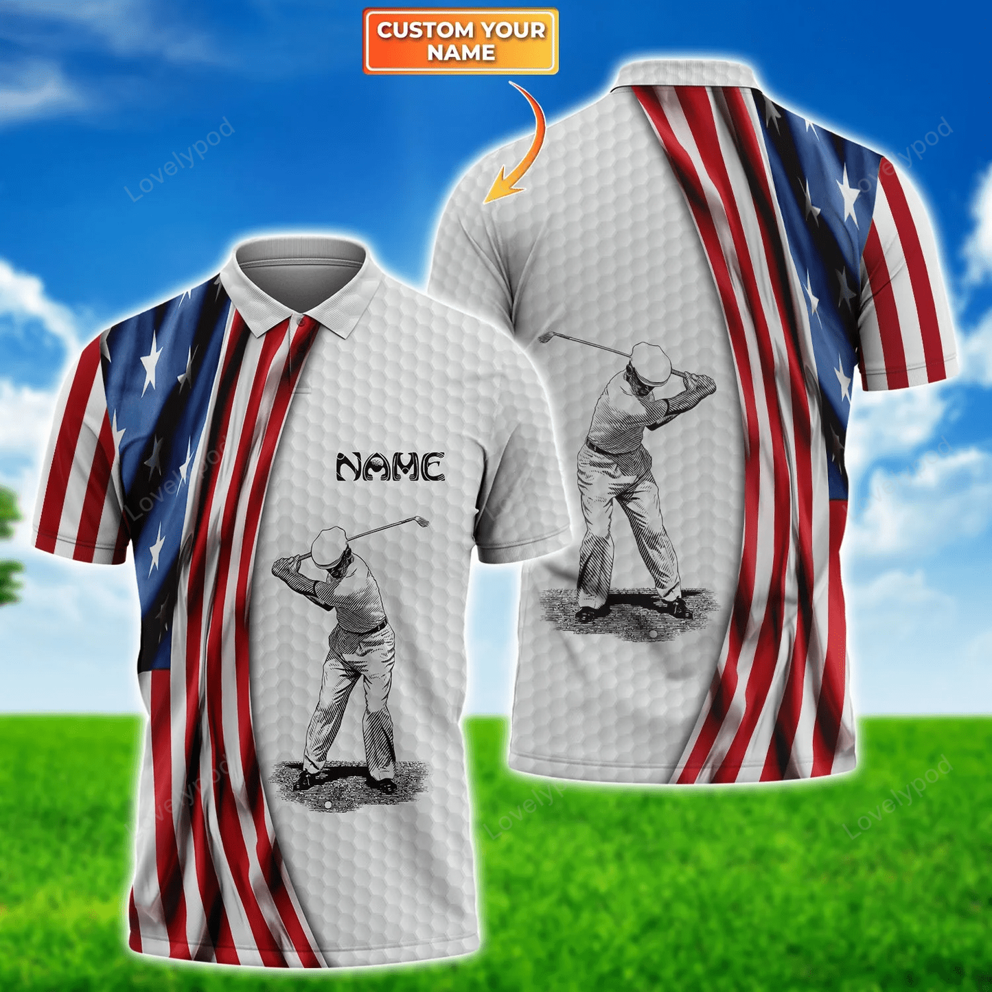 Customized name 3d all over printed golf polo shirt,  golf american flag gift for golf lover GY1444