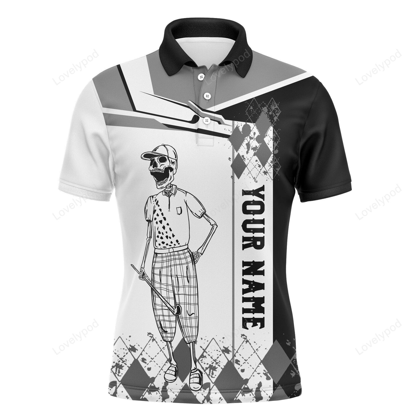 Golf men polo shirt - custom name black white skull apparel - personalized gift for golf lover GY1437