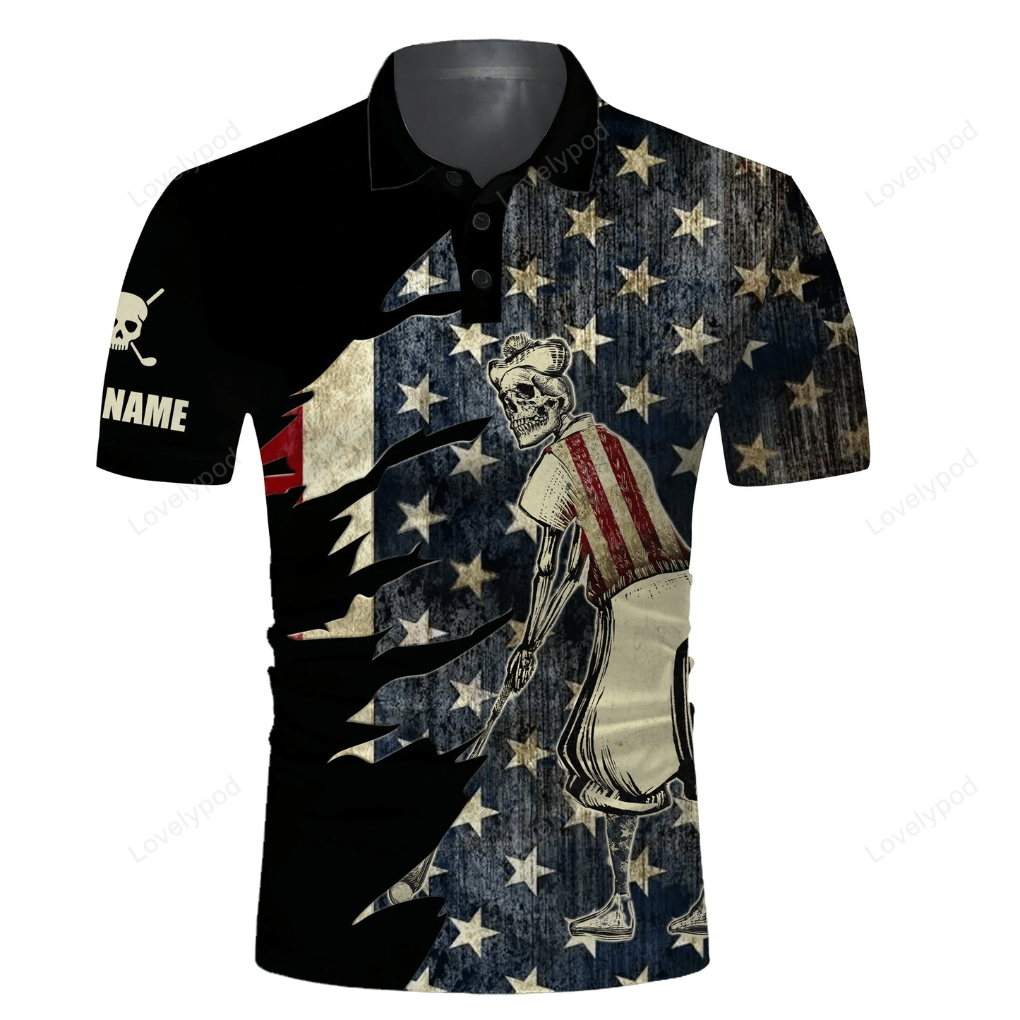 Golf men polo shirt - custom name american flag skull patriotic black apparel - personalized gift for golf lover GY1467