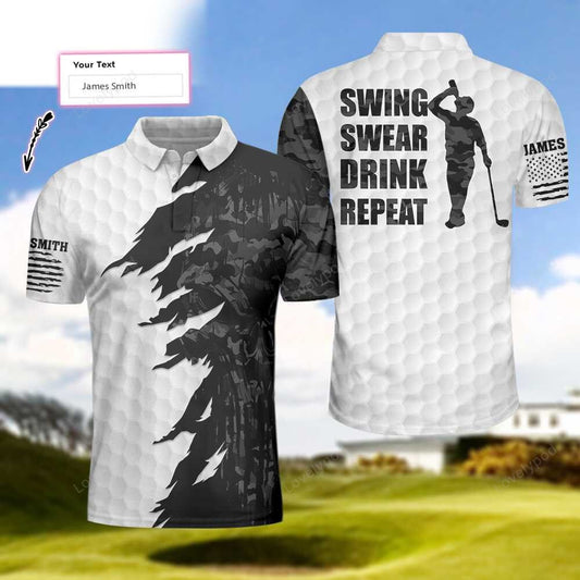 Swing swear drink repeat ripped camouflage skull golf custom polo shirt, personalized black and white golf shirt for men GY1484