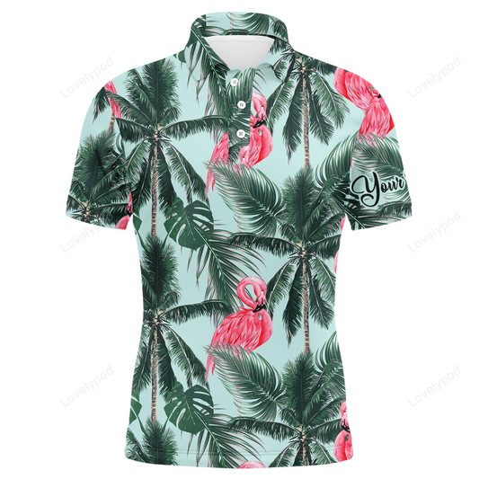 Flamingo golf men polo shirt - pink flamingo tropical palm leaves custom name apparel GY1477