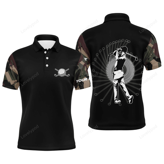 Golf custom name men polo shirt, camo black pattern men golfing apparel, personalized best gift for golf lover GY1527