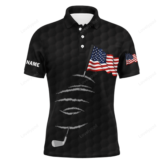 Golf men polo shirt - golf clubs american flag 4th july custom name apparel - personalized gift for golf lover GY1552