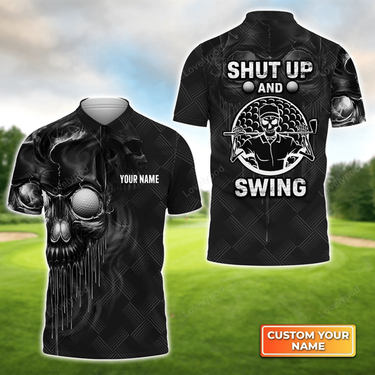 Skull golf men polo shirt, golf shut up and swing, black golfer custom name apparel, personalized gift for golf lover, team GY1534