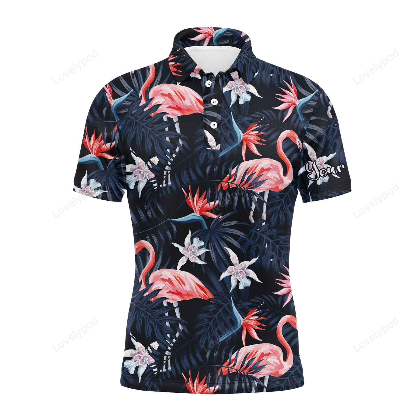 Flamingo golf men polo shirt, tropical birds pink flamingo dark blue palm leaves custom name apparel GY1539