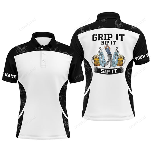 Beer golf men polo shirt - funny skull pattern custom name black white apparel - personalized gift for golf lover GY1524