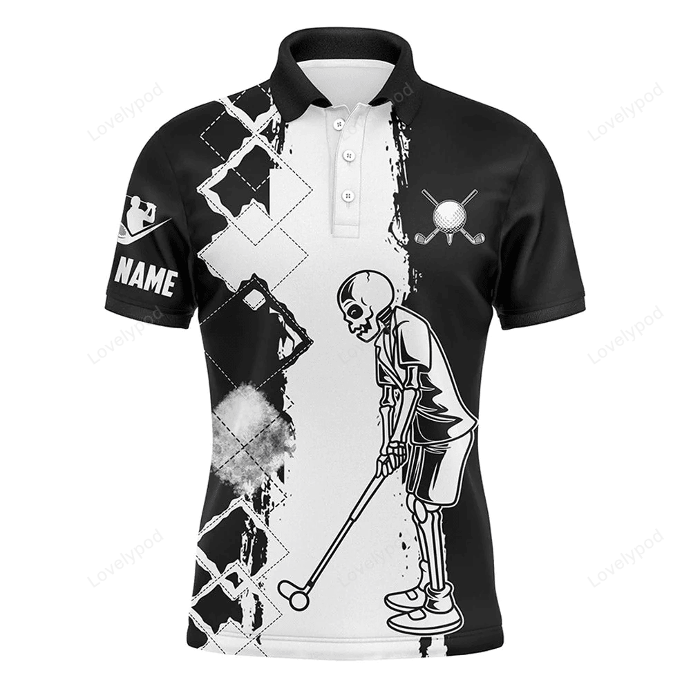 Golf men polo shirt - black and white mens skull golfing custom name apparel GY1532