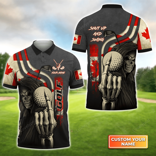 Skull golf men polo shirt, canada flag skull golf shut up and swing, black golfer custom name apparel, personalized gift for golf lover, team GY1561