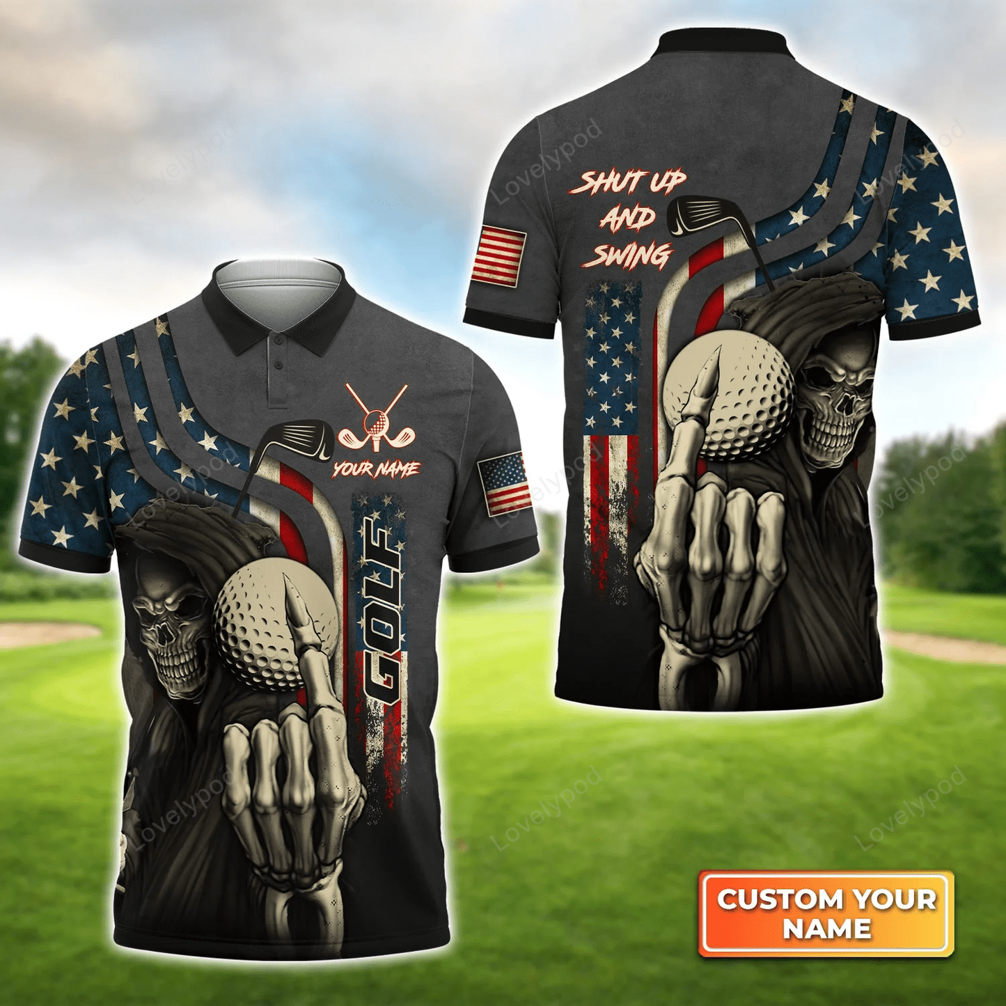 America flag skull golf shut up and swing personalized name 3d polo shirt, gift for golfers GY1572