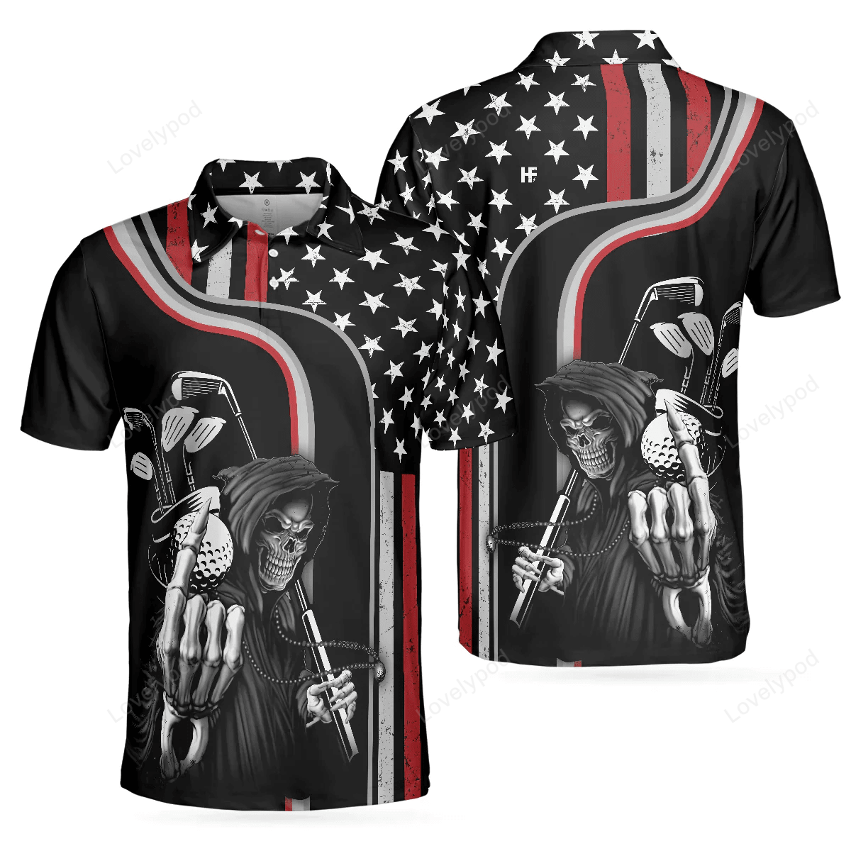 Reaper american flag short sleeve golf polo shirt, black theme reaper golfer golf shirt for men GY1605