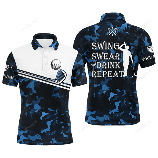 Mens golf polo shirt, swing swear drink repeat custom name navy blue camo white men golf shirts GY1629