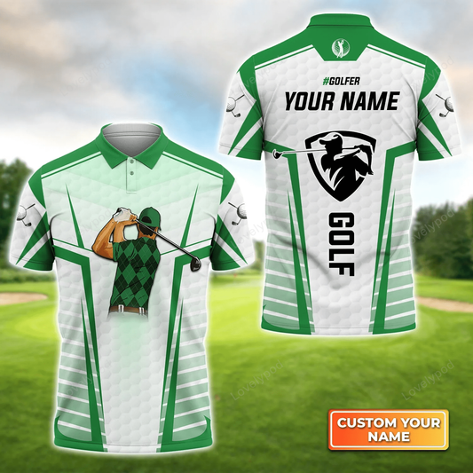 Golf swing green abstract with golf club personalized name 3d polo shirt for men, gift for golf lover, team GY1674