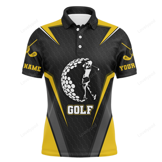 Golf men polo shirt, golfing golf ball custom name black yellow apparel - personalized gift for golf lover GY1675