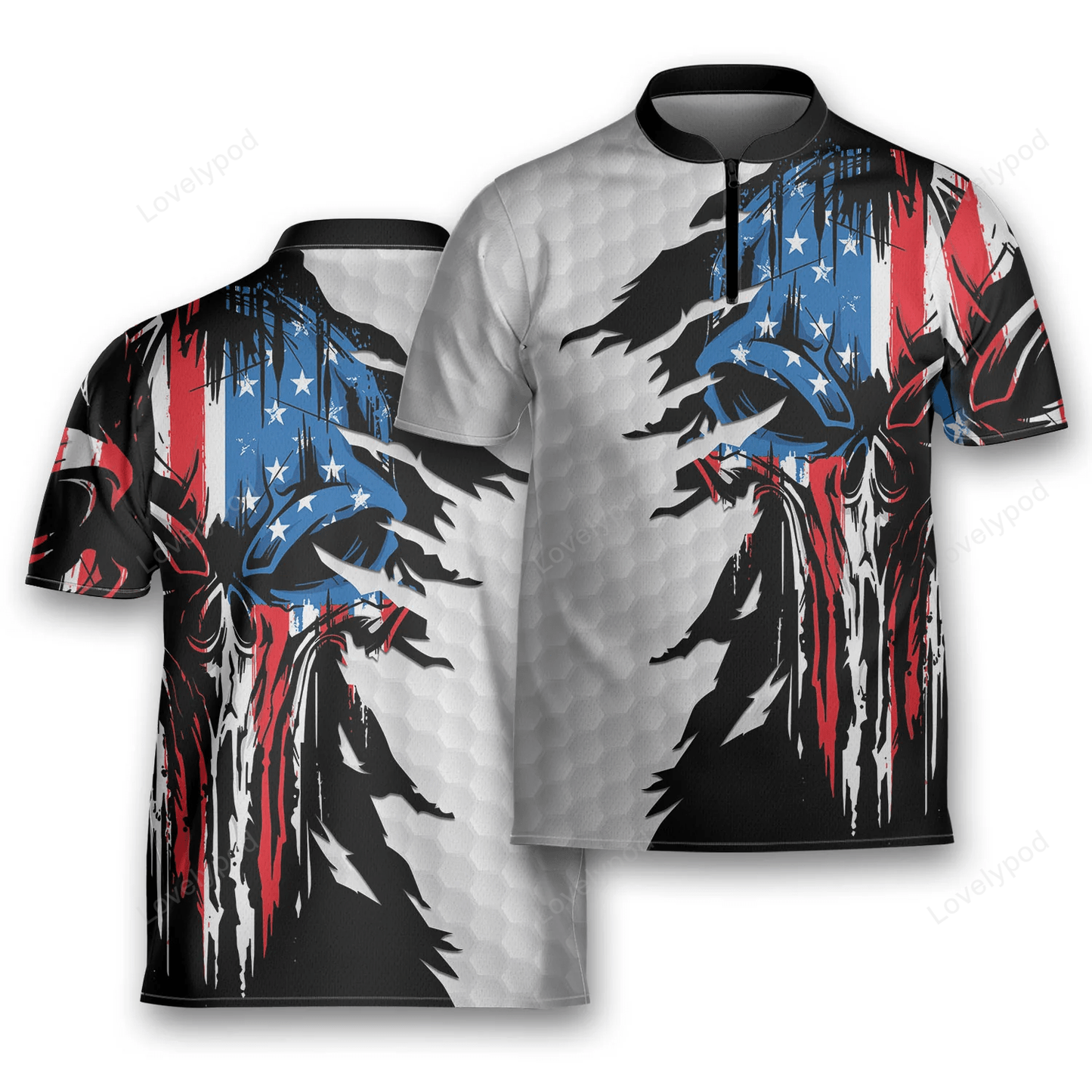 Flag skull american ripped golf golfing mandarin zipper jersey , golf jersey polo shirt for men and women GY1712