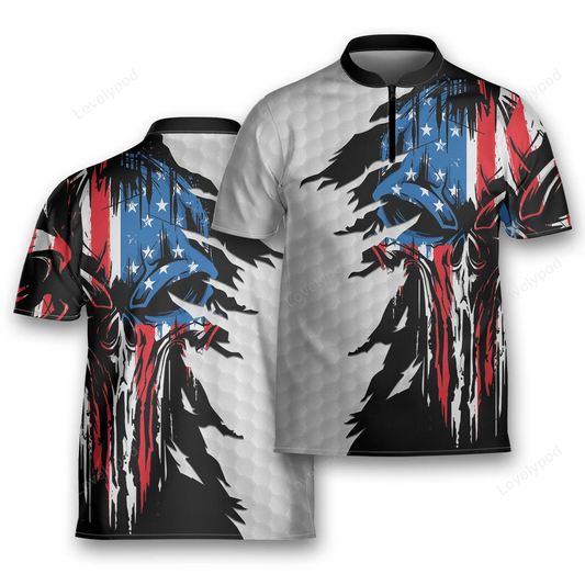 Flag skull american ripped golf golfing mandarin zipper jersey , golf jersey polo shirt for men and women GY1712