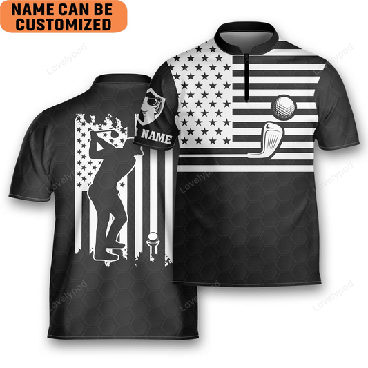 Personalized funny golf, american flag golfer golfing mandarin zipper jersey, golf polo shirt for men GY1714