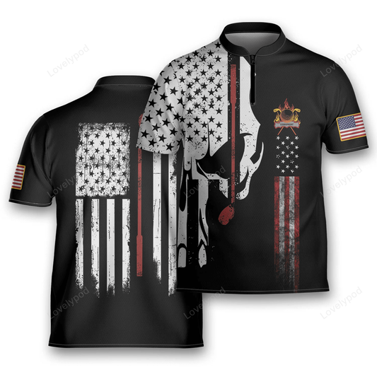 Skull american flag with golf club golfing mandarin zipper jersey, golf polo shirt for men GY1715