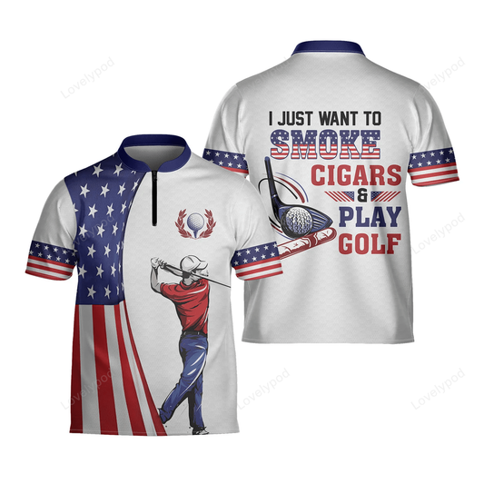 Usa flag cigars and golf style custom name golfing mandarin zipper jersey 3d polo, golf jersey polo shirt for men and women GY1723