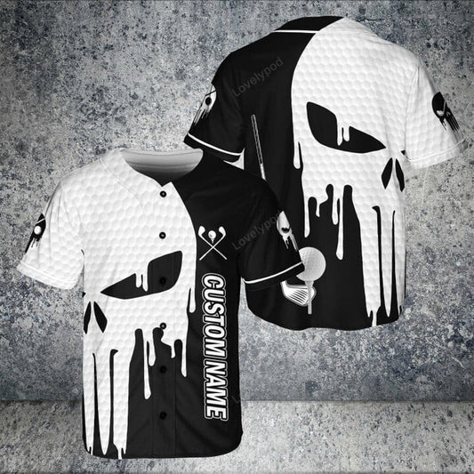 Custom name black & white skull golf baseball tee jersey shirt printed 3d, men's baseball jersey all printed shirt GY1731