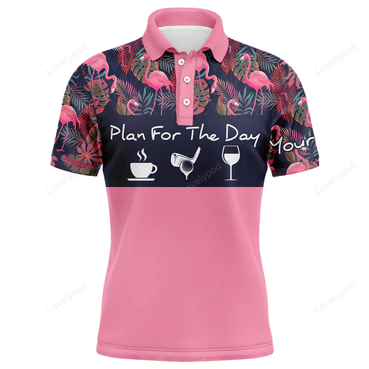 Plan for the day coffee golf wine - drinks golf men polo shirt - custom name floral tropical green leaves apparel GY1884