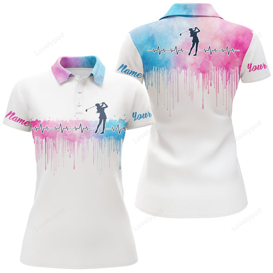 Golf heartbeat golfer pink blue watercolor women golf polo shirt custom name gifts for golf lovers GY1795