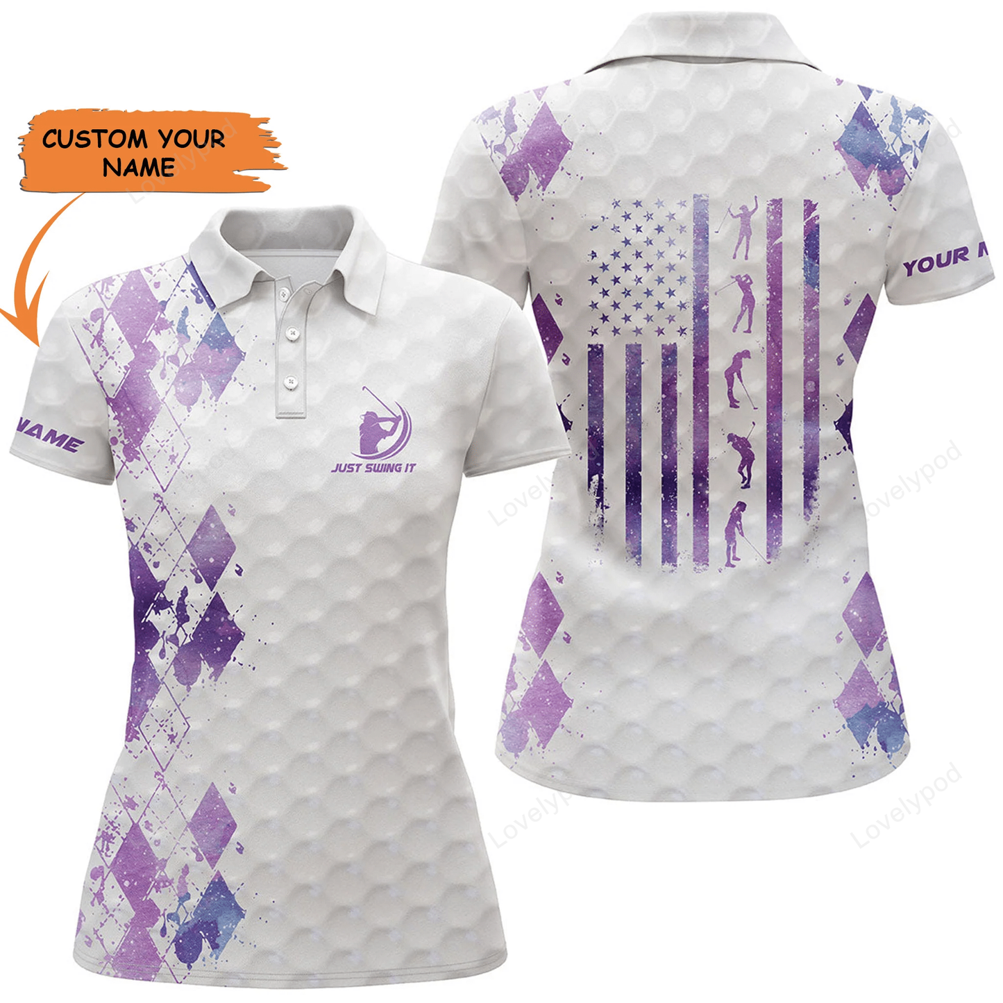 Women golf polo shirt just swing it american flag patriotic custom name purple galaxy women golf shirt GY1796