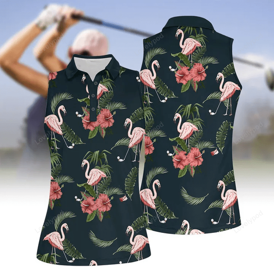 Seamless tropical flamingo golf v5 women short sleeve polo shirt, sleeveless polo shirt GY1800